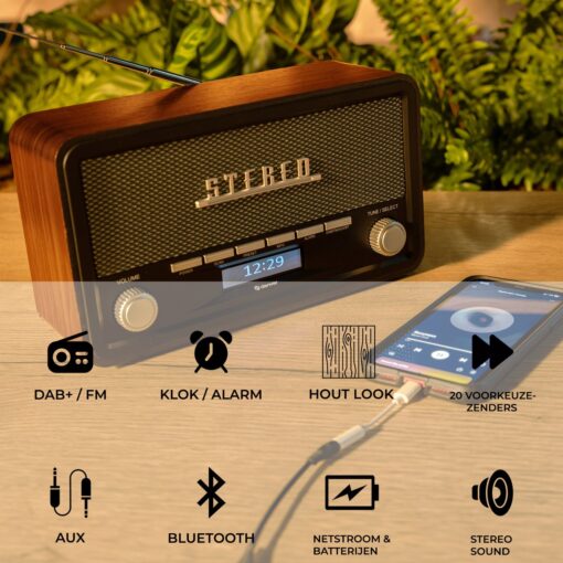 Denver DAB Radio - Model 2023 - Retro Radio - Bluetooth - DAB+/ FM - Dimbaar - Batterijen & Netstroom - DAB18 - Hout - Afbeelding 4