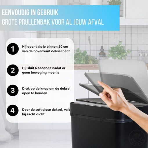 4cookz® Mat Zwarte Sensorprullenbak 60 liter - RVS Prullenbak - Afbeelding 4