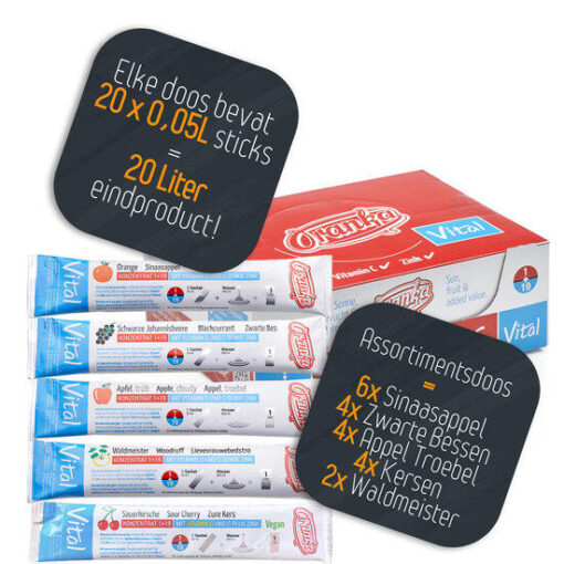 Oranka vruchtendrank sticks Mix 6 Sinaas, 4 Zwarte Bes, 4 Appel, 4 Kers, 2 Waldmeister